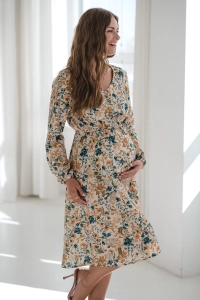 Sukienka ciążowa i do karmienia z lnem Lovely Dress Midi beżowa w kwiaty