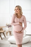 II gatunek - Sukienka ciążowa i do karmienia z dzianiny w prążek Tummy pudrowy róż