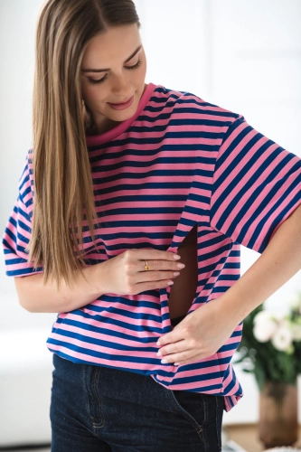 T-shirt ciążowy i do karmienia Mamahood różowo-niebieskie paski
