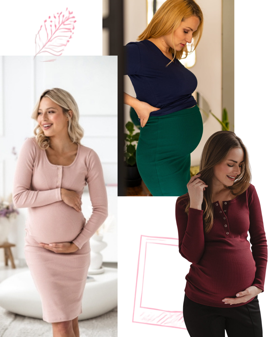 Ubrania z dzianiny w prążek Tummy: spódnica zielona, sukienka pudrowy róż i bluzka bordowa