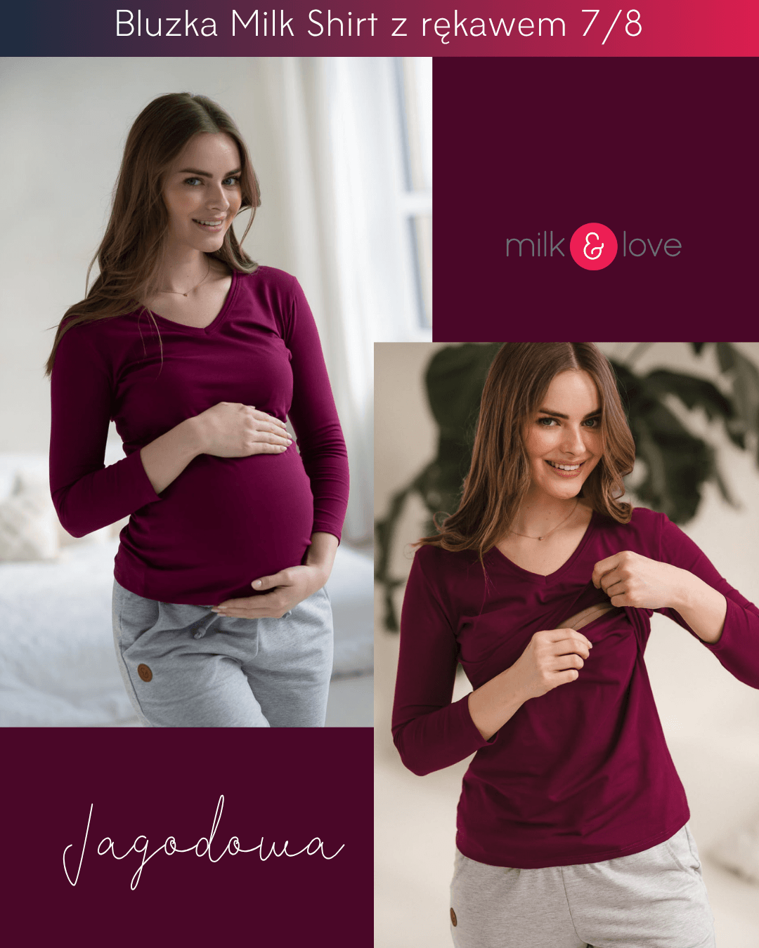 Bluzka ciążowa i do karmienia Milk Shirt jagodowa z rękawem 7/8 – milk & love