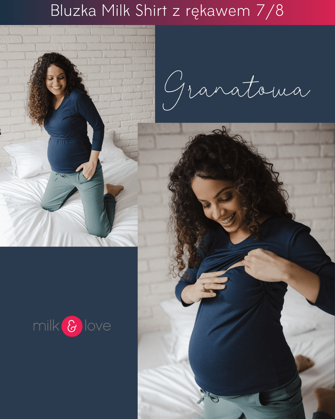 Bluzka ciążowa i do karmienia Milk Shirt granatowa z rękawem 7/8 – milk & love
