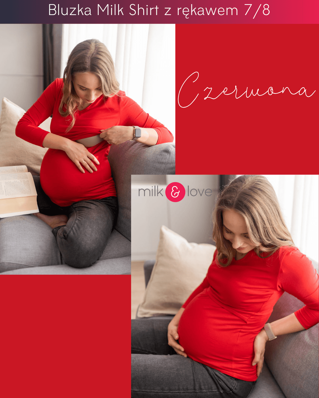 Bluzka ciążowa i do karmienia Milk Shirt czerwona z rękawem 7/8 – milk & love