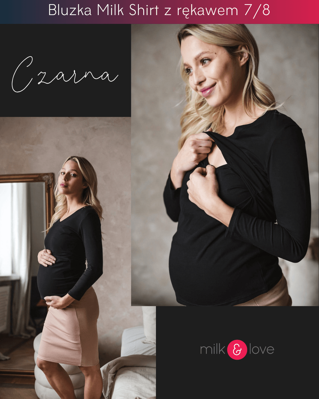 Bluzka ciążowa i do karmienia Milk Shirt czarna z rękawem 7/8 – milk & love