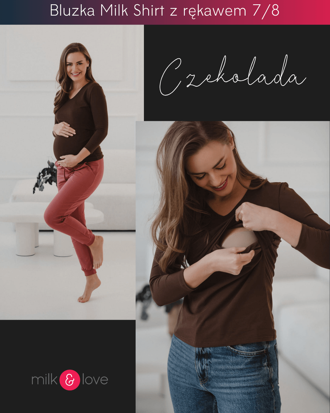 Bluzka ciążowa i do karmienia Milk Shirt czekoladowa z rękawem 7/8 – milk & love
