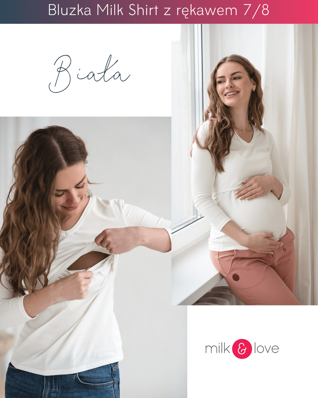 Bluzka ciążowa i do karmienia Milk Shirt biała z rękawem 7/8 – milk & love